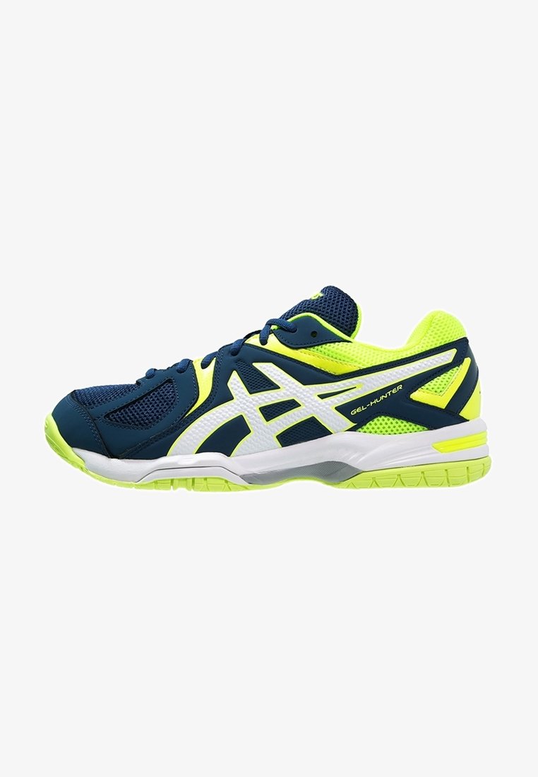 Chaussure de sport avec tige en mesh bleu marine et jaune vif synthétique, logo de marque blanc et semelle jaune clair, vue de côté.