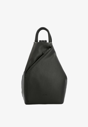 Black leather backpack with a structured design, featuring a single handle and an angled zipper closure. Textured surface with subtle branding.