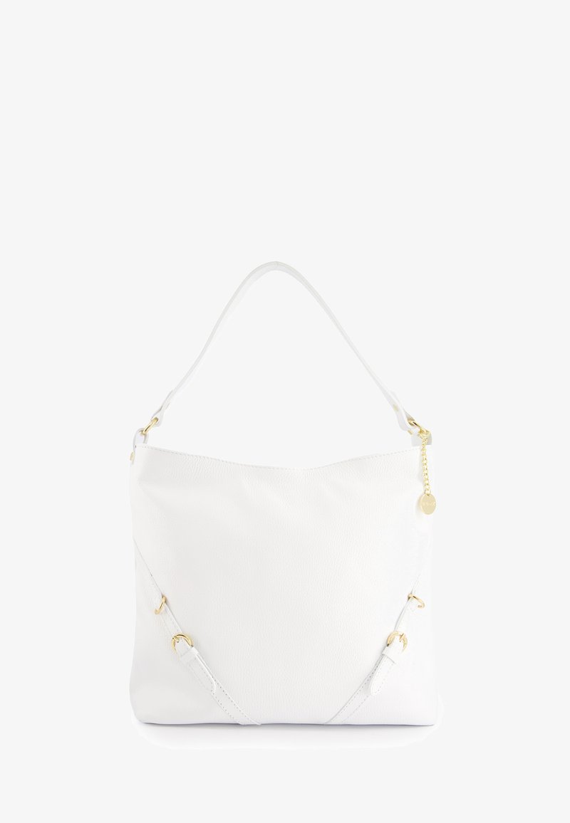 White leather handbag with a slouchy design, featuring gold hardware accents and a detachable shoulder strap. Smooth texture and minimal detailing.