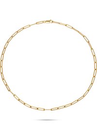 Gold chain necklace featuring elongated, rectangular links with a polished finish and a secure clasp, creating a sleek, minimalist design.
