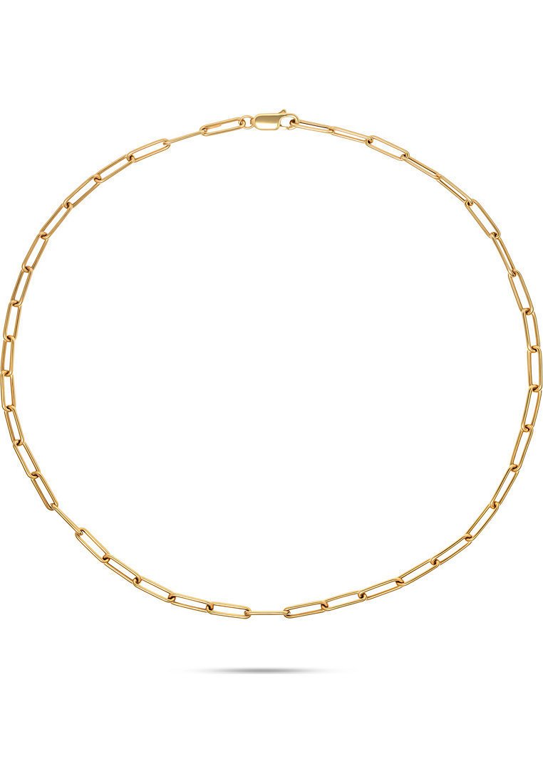 Gold chain necklace featuring elongated, rectangular links with a polished finish and a secure clasp, creating a sleek, minimalist design.