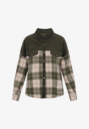 Camicia in flanella a quadri verde e beige con yoke in velluto a coste, chiusura con bottoni, due tasche sul petto e maniche lunghe. Bottoni in tono oro notevoli.