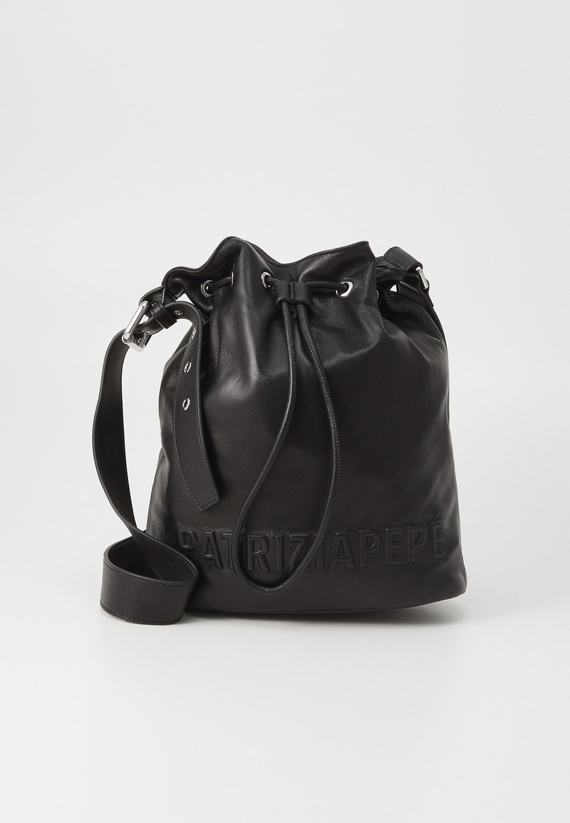 Black leather bucket bag with drawstring closure, embossed logo detail, adjustable strap, and smooth texture.