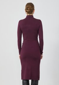 Langsleeve jurk in diep bordeaux, aangesloten silhouet, gemaakt van zachte stof, met een hoge kraag en zijslitsen, van achteren gepresenteerd.