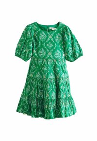 Abito floreale verde realizzato in tessuto leggero, con maniche a sbuffo, gonna a strati e chiusura con zip sul retro. Caratterizzato da motivi floreali bianchi.