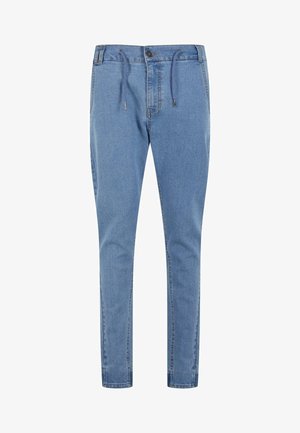 Světle modré džíny ve stylu jogger s elastickým pasem a stahovací šňůrkou, úzký střih a tradiční zadní kapsy. Měkká textura, neformální design.