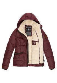 Burgundy puffer jacket with a hood, featuring a soft cream fur lining, zippered and pocket details, and a brown leather logo patch.