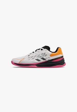 White athletic shoe with black and orange accents, pink outsole, mesh upper, and diagonal stripe pattern; features laces and padded collar.
