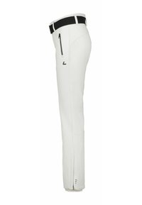 Pantalones blancos con un diseño ajustado, con una cinturilla negra y un bolsillo con cremallera en el lateral. Incluye una cremallera en el tobillo para ajuste.