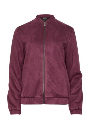 Giacca bomber bordeaux con zip realizzata in un tessuto morbido, caratterizzata da un colletto alto, polsini elasticizzati e due tasche laterali. Texture liscia e design aderente.
