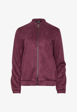 Burgundin värinen vetoketjulla varustettu bomber-takki, joka on valmistettu pehmeästä kankaasta ja jossa on seisova kaulus, joustavat hihansuut sekä kaksi sivutaskua. Tasainen pinta ja istuva muotoilu.