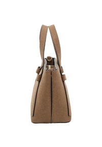 Sac à main en suède marron avec un design structuré, des bords noirs contrastants, des poignées doubles et une fermeture éclair sur le dessus.