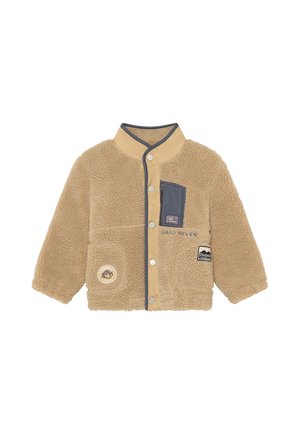 Giacca in pile beige per bambini con bottoni automatici, rifiniture grigie, tasca con cerniera sul petto e tre toppe sul davanti.