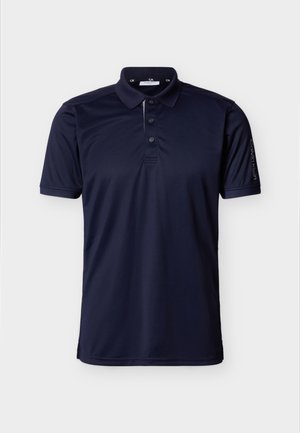 Marineblauw poloshirt met korte mouwen, drie knopen, kraag en "Calvin Klein"-logo op de linkermouw.