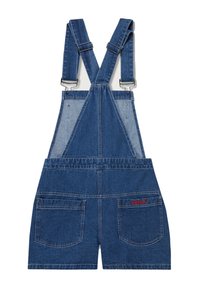Shorts salopette in denim con bretelle regolabili, colore blu, tasca frontale e due tasche posteriori. Presenta un ricamo del logo sul retro.