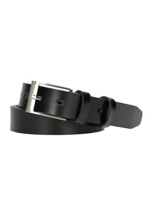 Ceinture en cuir noir avec une boucle en métal argenté, présentant une surface lisse et plusieurs trous pour les ajustements, avec une extrémité effilée.