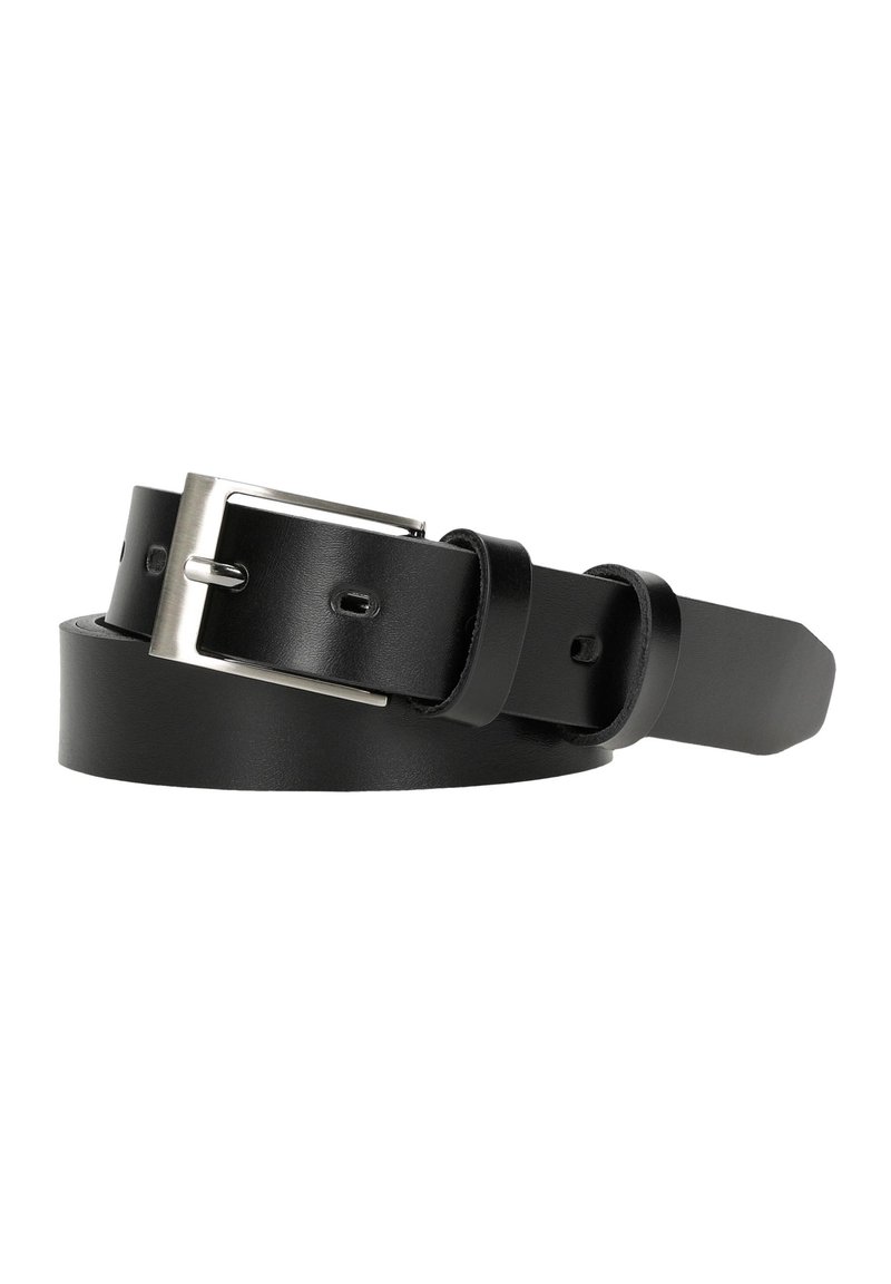 Zwarte leren riem met een zilveren metalen gesp, voorzien van een gladde oppervlakte en meerdere gaten voor aanpassingen, met een taps toelopende uiteinde.