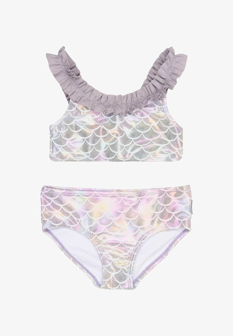 Dvodijelni kupaći kostim s naboranim lavandom dekolteom i uzorkom u obliku ljuske u pastelnim bojama, izrađen od laganog i rastezljivog materijala.