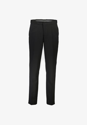 Schwarze Hosen aus glattem Stoff mit geradem Bein, vorderen Taschen und einem einzigen Knopfverschluss an der Taille.