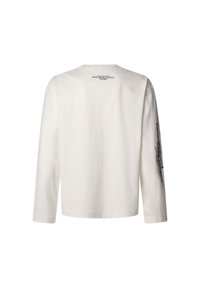 Camisa blanca de manga larga hecha de algodón, con cuello redondo, dobladillo recto y texto impreso en la parte posterior y en la manga.