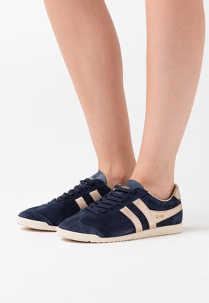 Jambes portant des baskets en daim bleu marine avec des rayures et des semelles beiges, debout sur une surface blanche.