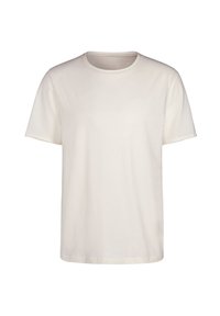 Světlobéžové bavlněné tričko s krátkými rukávy, kulatým výstřihem a volným střihem. Hladká textura bez viditelných vzorů nebo akcentů.