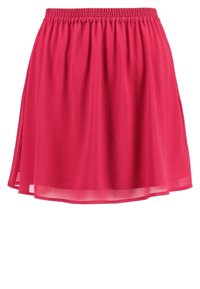 Jupe rouge jusqu'aux genoux en tissu léger et transparent avec une ceinture élastique et une coupe fluide. Ourlet plat avec des fentes latérales pour faciliter le mouvement.