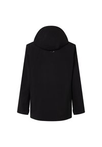 Veste à capuche noire avec une finition lisse et mate. Présente une ouverture dans le dos et un design épuré, minimaliste, adapté à diverses tenues.