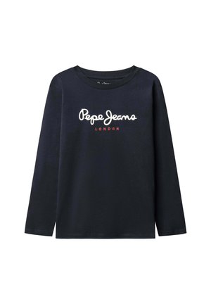 Camiseta de manga larga azul marina hecha de algodón con cuello redondo; presenta el logotipo blanco de "Pepe Jeans" y "LONDRES" en rojo debajo.