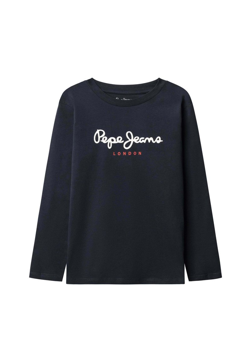 Tamno plava majica dugih rukava od pamuka s okruglim izrezom; sadrži bijelog "Pepe Jeans" logotipa i "LONDON" u crvenoj boji ispod.
