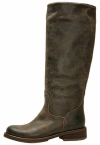 Bottes en cuir marron montant jusqu'aux genoux avec une finition légèrement usée, un bout arrondi et un talon en bois empilé. Accents de couture subtils.