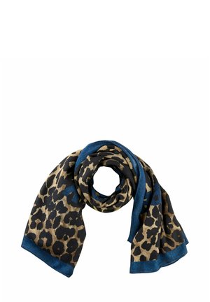 Écharpe en motif léopard avec une bordure bleue, en tissu doux, présentant un design de wrap circulaire, et des motifs distincts en noir et beige.
