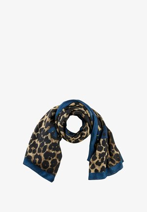 Leopard print scarf with a blue border, made of soft fabric, featuring a circular wrap design, and distinct black and beige patterns.