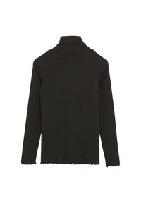 Zwarte geribbelde lange mouw top met een hoge hals en rafelige zoomdetails. Het materiaal lijkt zacht en heeft een getailleerde pasvorm.