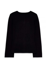 Melnā džemperis, kas izgatavots no mīksta adījuma materiāla, ar apaļu kakla izgriezumu, garām piedurknēm un ribotām aprocēm un apakšmalu. Vienkāršs un daudzfunkcionāls dizains.