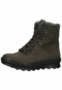 Braune Lederstiefelette mit Kunstfellfutter, Metallösen und dickem strukturiertem Gummisohle. Mit runder Zehenpartie und Schnürsenkeln im Wanderstil.