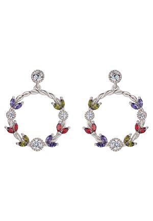 Boucles d'oreilles créoles torsadées en argent avec des pierres précieuses marquise et rondes multicolores en violet, rouge, vert et transparent.