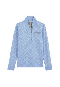 Chemise à manches longues bleu clair présentant un motif en losanges blancs, une patte de boutonnage partielle avec trois boutons, et une poche sur la poitrine à gauche.
