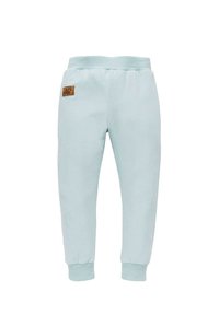 Helle blaue Jogginghosen aus weichem Material mit einem gerippten Bund und Bündchen, ausgestattet mit einem braunen "LET'S ROCK"-Label auf der Vorderseite.