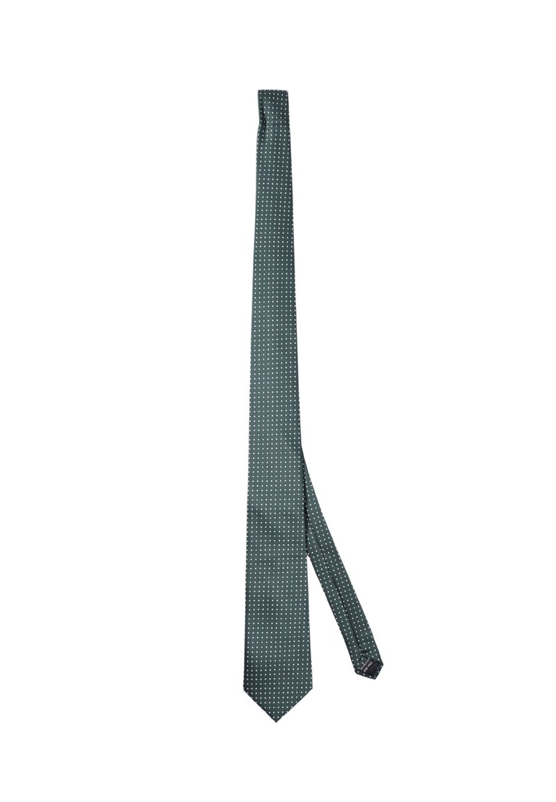 Cravatta di seta verde con un motivo di piccoli punti bianchi, con un'estremità a punta e una texture liscia lungo tutta la sua lunghezza.