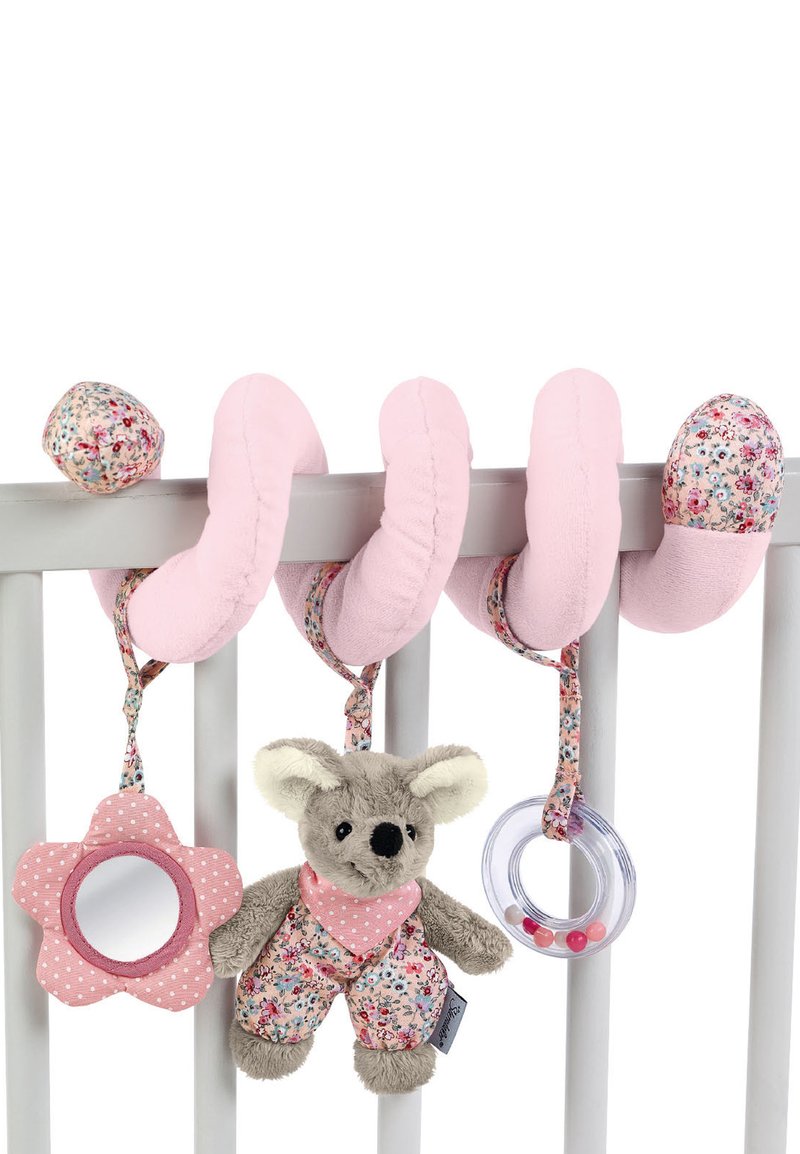 Pink plush crib toy with floral accents. Features a koala plush, a mirror, and a rattle, all attached with fabric loops for hanging.