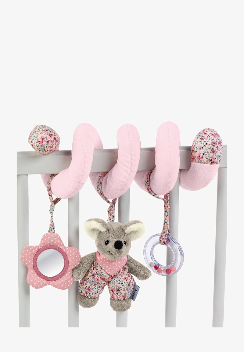 Pink plush crib toy with floral accents. Features a koala plush, a mirror, and a rattle, all attached with fabric loops for hanging.