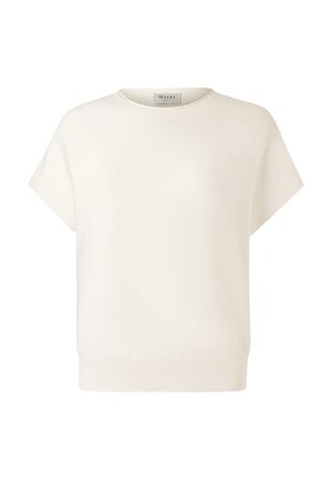 White short-sleeve knit top with round neckline and ribbed hem, labeled "Maerz" inside the collar.