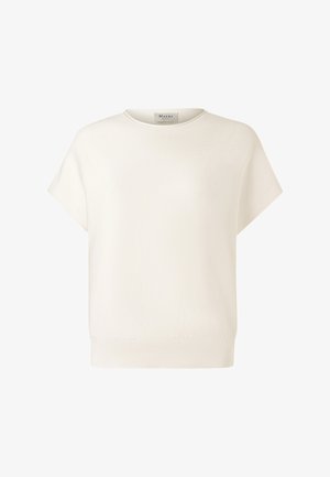 White short-sleeve knit top with round neckline and ribbed hem, labeled "Maerz" inside the collar.