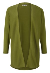 Cárdigan verde oliva de corte relajado, con frente abierto y textura acanalada. Tiene mangas de tres cuartos y un dobladillo redondeado.