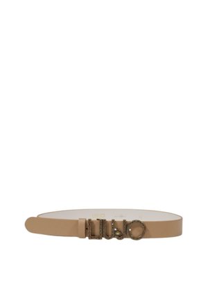 Beige nahkväline sileda tekstuuriga, millel on metallist logo aktsent koos dekoratiivsete kividega, kinnitatud lihtsa pandla disainiga.