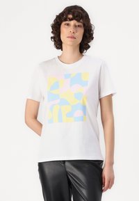 White short-sleeve t-shirt featuring a square graphic with abstract patterns in pastel colors: blue, pink, and yellow. Smooth cotton material.