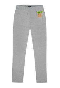 Pantalons de survêtement gris en matériau doux avec une taille élastique, présentant un patch en forme de personnage de dessin animé sur la poche avant.