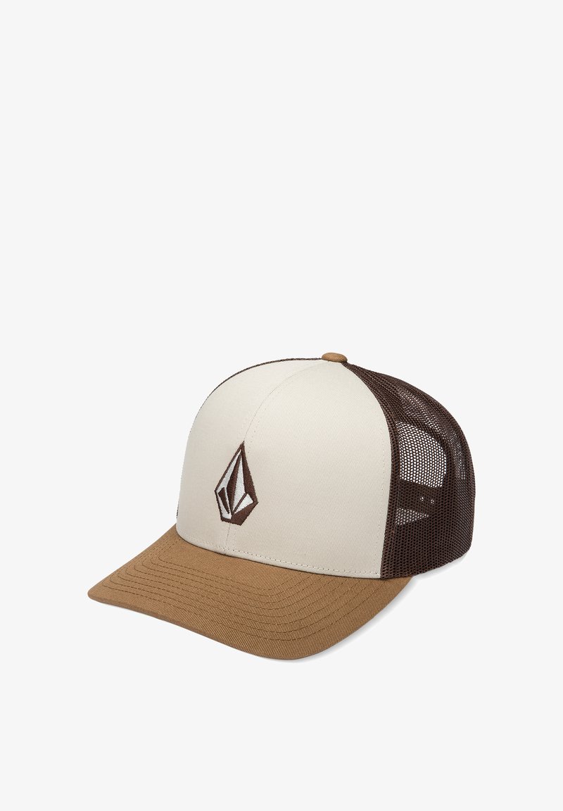 Casquette camionneur avec devant beige, dos en filet marron, visière courbée marron et logo géométrique brodé sur le panneau avant.