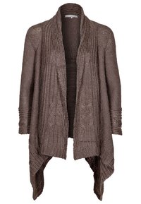 Brun stickad cardigan med öppen fram, långa ärmar och ett texturerat mönster. Har ribbad detaljering och en draperad nederkant.